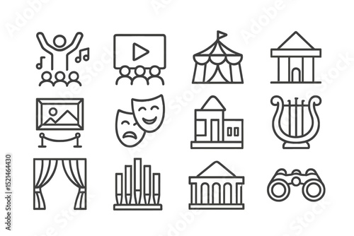 Creative icons representing various forms of entertainment and cultural activities in a simple, modern design