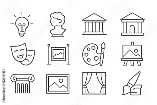 Artistic icons representing creativity, culture, and historical significance in a minimalist design