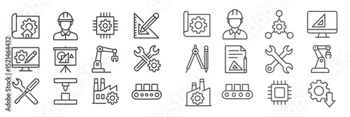 Engineering icons showcasing various technical fields, tools, and machinery in a modern workspace setup