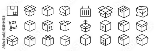 Collection of delivery and packaging icons showcasing various boxes and symbols related to shipping and logistics activities