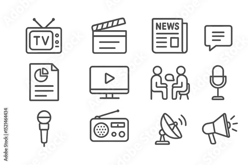 Icons representing various media activities including television, news, and radio broadcasting in a simple design