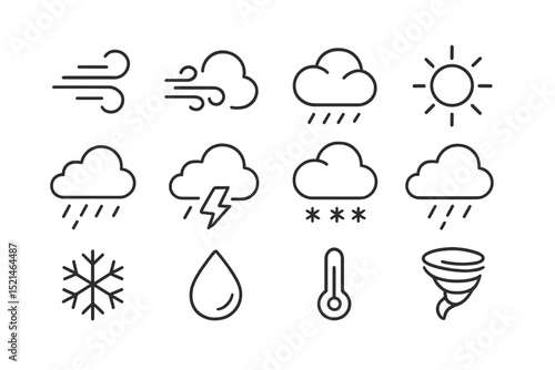 Weather elements represented through simple icons showcasing different atmospheric conditions in a minimalistic style