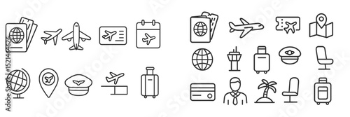 Travel icons illustrating various aspects of journeys including airlines, maps, and passports in a minimalistic design