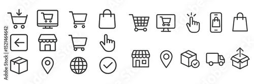 Shopping icons representing various online and in-store purchasing activities for consumers in a modern digital marketplace