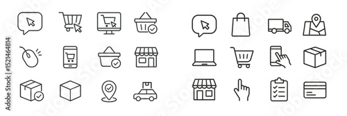 Various icons representing online shopping, delivery, and consumer activities in a minimalistic style