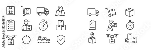 Logistics and delivery icons illustrating various transportation and package handling methods in a simple graphic style