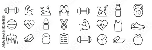 Fitness and exercise icons showcasing a variety of healthy activities and equipment for promoting an active lifestyle