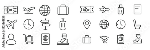 Travel icons set showing various elements related to air travel including planes, luggage, and navigation symbols