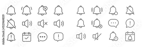 Collection of notification icons showcasing alerts, sounds, and messages in a simple design