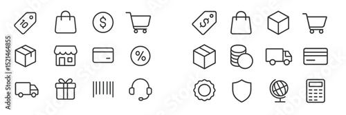 Collection of various shopping and delivery icons representing retail and online commerce in a minimalist style
