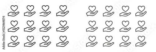 Multiple hand drawn hearts held in open hands with a simple line style showcasing the theme of love and care