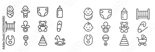 Icons of baby care essentials including toys, clothing, and nursery items suitable for parenting design projects