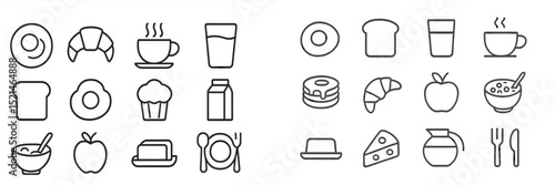 Line art illustrations of various breakfast foods and beverages in a minimalistic style