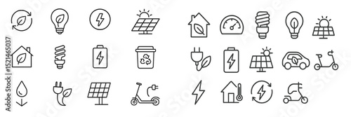 Innovative icons depicting renewable energy, sustainability concepts, and eco-friendly technologies in a minimalist design