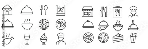 Diverse culinary icons showcasing various dishes, utensils, and food-related themes in a lively restaurant setting