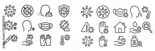 Health and safety symbols related to COVID-19 precautions and personal protection measures