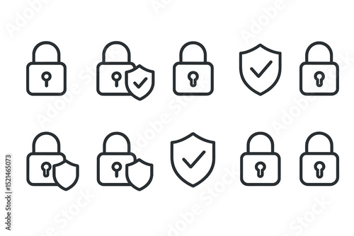 Collection of security icons featuring locks and shields in minimalist design suitable for various digital applications
