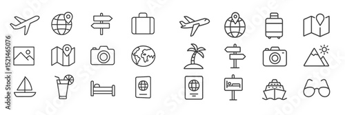 Travel icons representing various activities and locations related to tourism and adventure planning