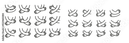 Different hand gestures illustrating various ways to cross arms across the chest in a minimalist style