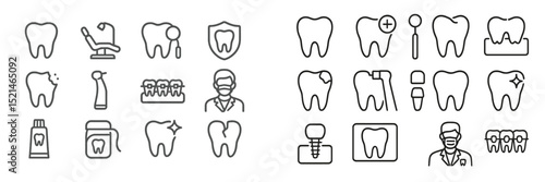 Set of dental icons representing various aspects of oral health, treatment, and dental care practices