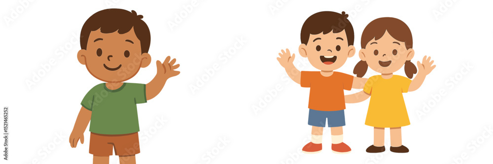 Three cheerful children greeting with smiles in a colorful illustration showcasing friendship and playfulness Three cheerful children greeting with smiles in a colorful illustration showcasing friendship and playfulness