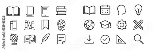 Collection of educational icons representing learning, knowledge, and creativity with books, tools, and awards in a grid layout