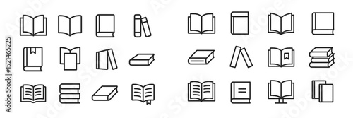 Various book icons displayed in a simple, linear design showcasing different book styles and arrangements for versatile applications