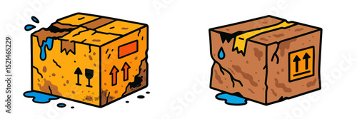 Packages showing damage from water exposure in a delivery situation outdoors during rainy weather