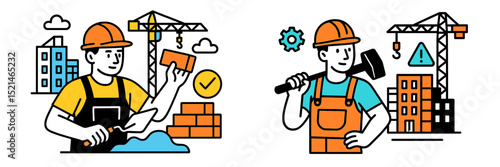 Construction workers engaged in building projects with cranes and tools in a busy urban setting during daytime