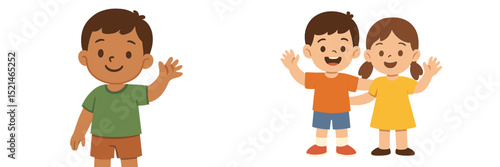 Three cheerful children greeting with smiles in a colorful illustration showcasing friendship and playfulness