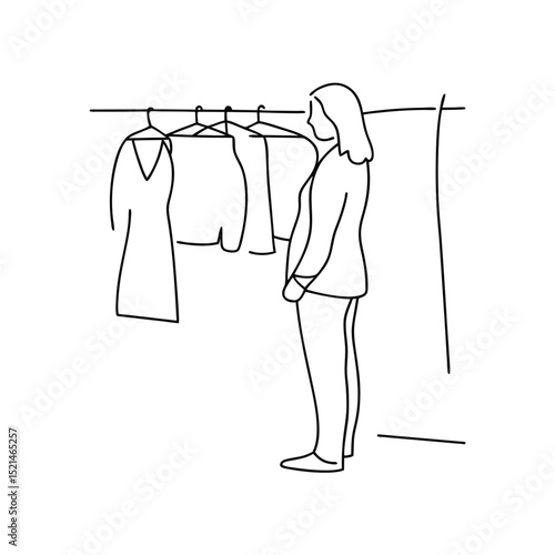Woman choosing clothes continuous line drawing minimalist fashion illustration