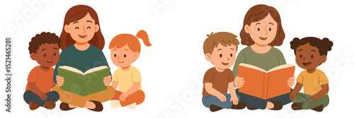 Children enjoying storytime with caregivers in a cozy environment during daytime hours