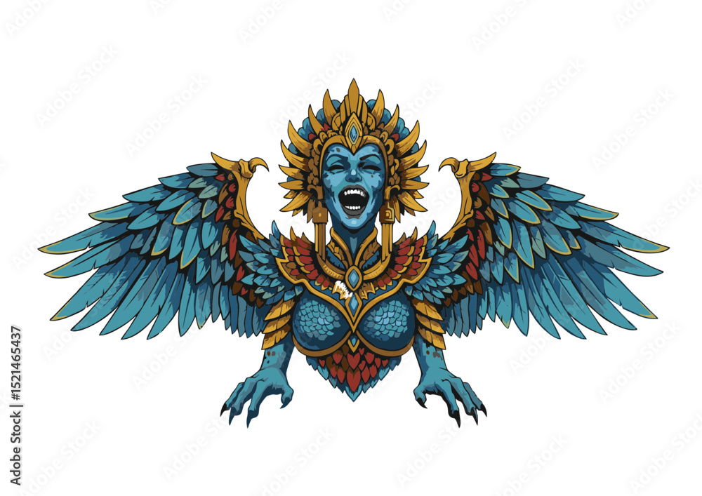 Obraz premium Majestic Winged Goddess Illustration Fantasy Art Print of a Powerful, Mythological Creature with Azure Wings and Golden Accents