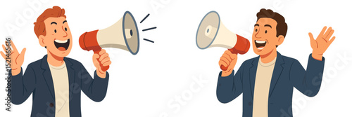 Two men enthusiastically using megaphones to communicate at an outdoor event during daytime