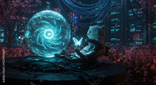 Cute Robot Holding Butterfly with Glowing Sphere in City Garden