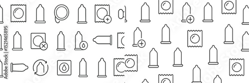 Various condom designs in a seamless repetitive pattern on a contrasting background for educational purposes