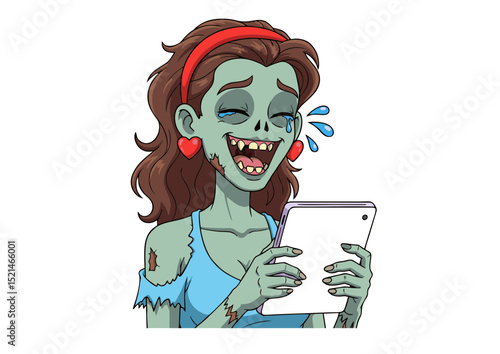 Hilarious Zombie Girl Laughs at Tablet Screen Undead Humor Illustration