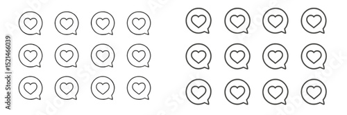 Design featuring heart icons in speech bubbles arranged in a grid pattern on a blank background