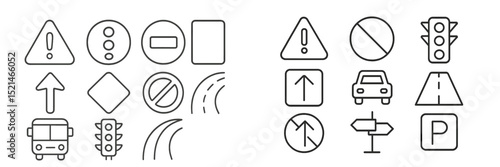 Traffic signs and symbols displayed in a grid layout, showcasing various road regulations and instructions for drivers and pedestrians