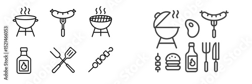 Icons depicting barbeque cooking equipment and delicious food items for outdoor grilling activities