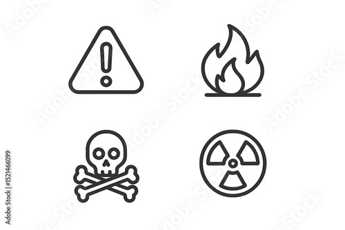 Warning symbols depicting hazards such as fire, poison, and radiation with visual icons conveying safety concerns