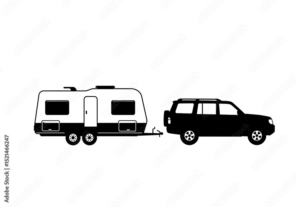 A black and white silhouette illustration of a car towing a caravan on a white background simple design A black and white silhouette illustration of a car towing a caravan on a white background simple design