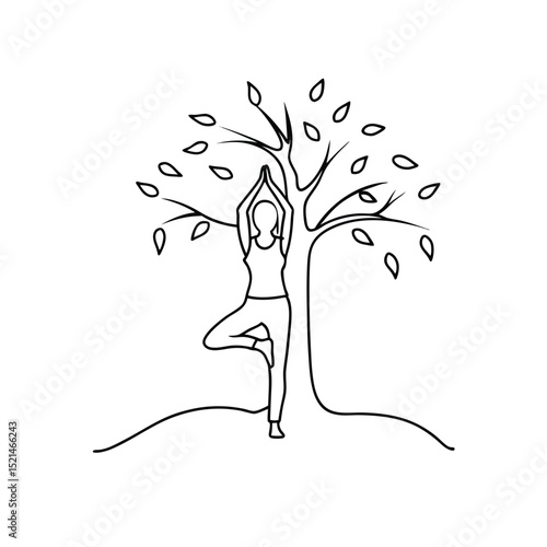 Woman practicing yoga tree pose under a tree continuous line drawing