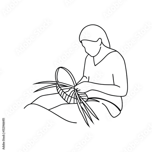 Woman weaving basket continuous line drawing craft hobby