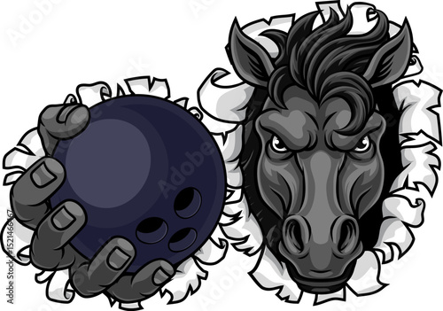 Horse mustang bronco stallion angry bowling sports team mascot holding a ball.