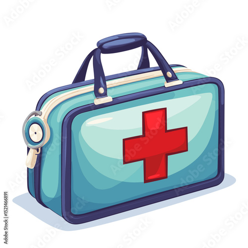 Isolated First Aid Kit with Stethoscope in White Background with Red Cross Medical Supplies in Emergency Design