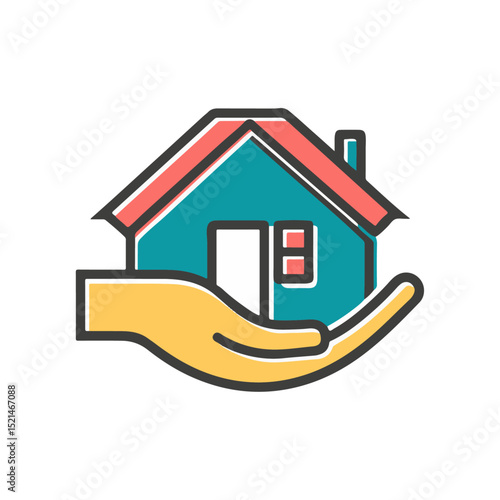 home care and support logo, vector illustration of a house and a helping hand.