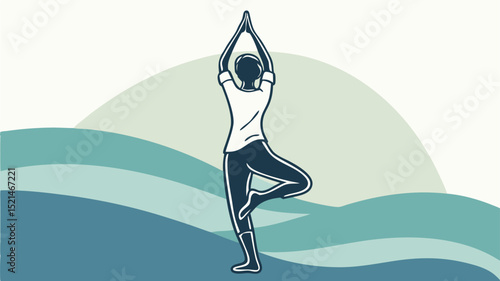 Illustration of a person in tree pose with arms raised against an abstract background with curved lines