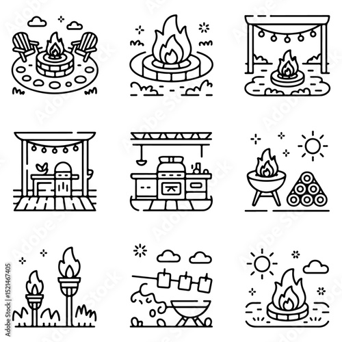 High Quality Backyard Firepit Outdoor Features Line Icon Set
