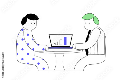 a digital illustration in a flat, minimalist style, featuring two cartoon characters engaged in a business meeting. 